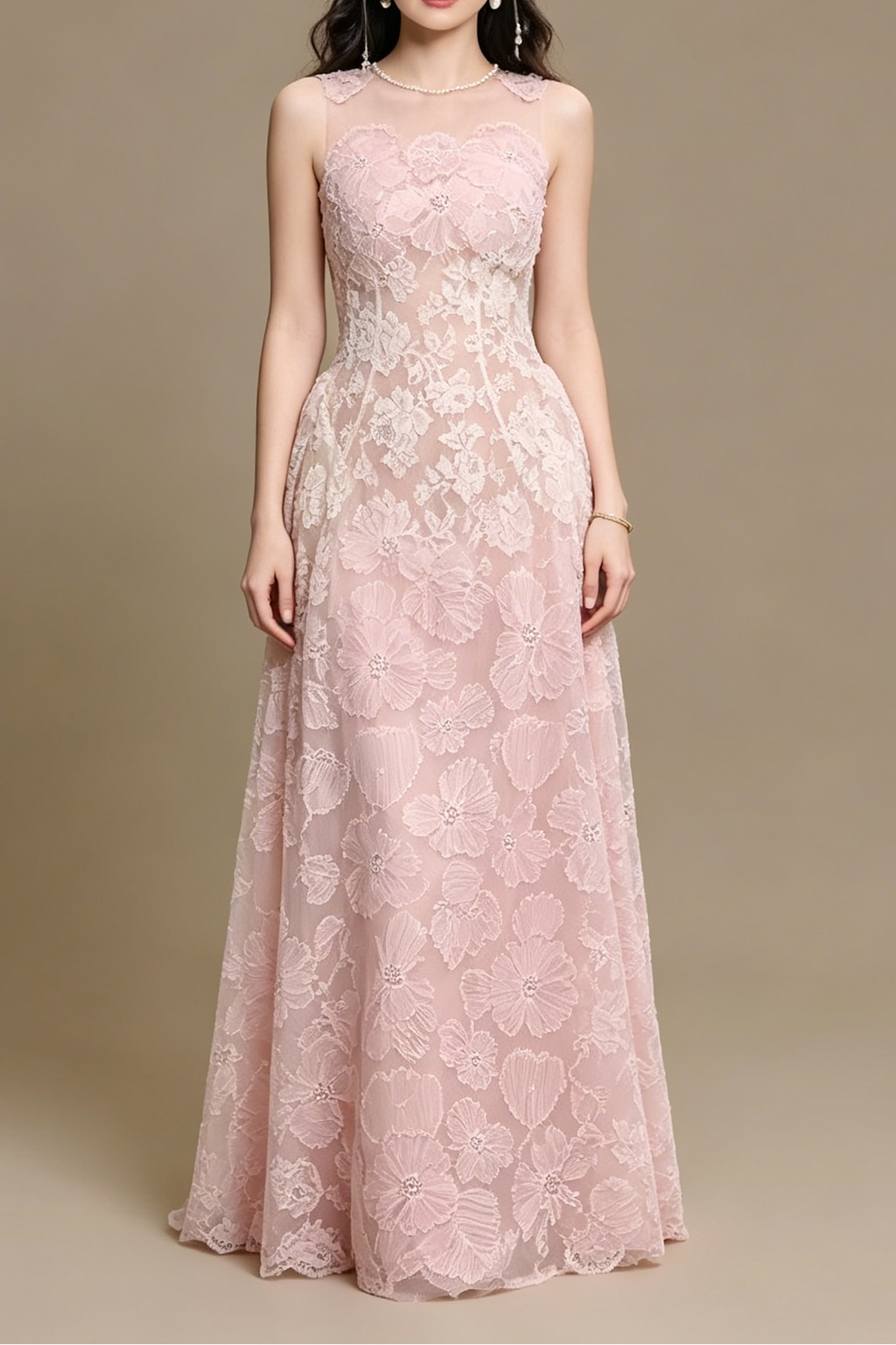 Pink 3D Floral Beaded Maxi Dress