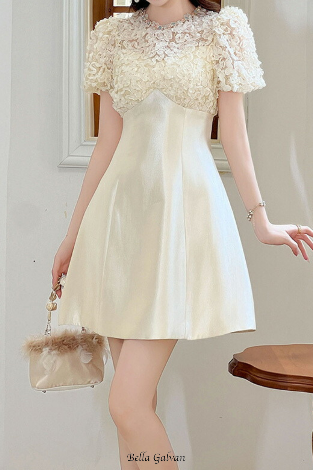 Flowering Girl Women Floral Lace Puff Sleeve A-Line mini Dress in apricot
