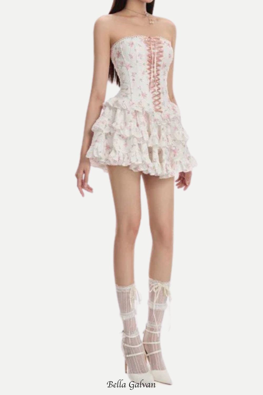 Flowering Girl Women floral print chest-wrapped mini dress in white