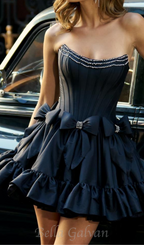 Flowering Girl Women Diamond bow mini dress in black