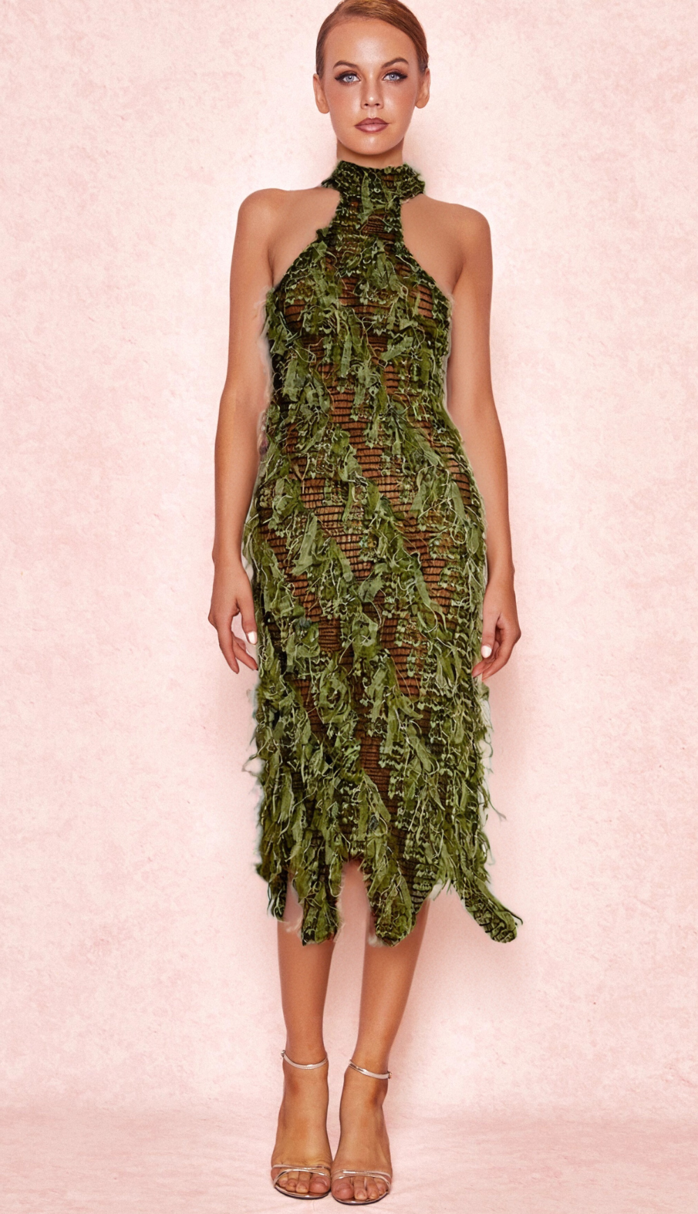 Flowering Girl Women Halterneck Backless Hollow Midi Dress In Green