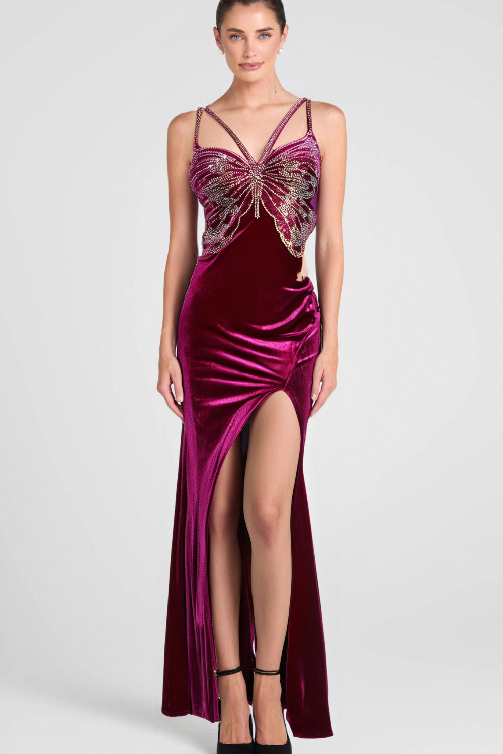 Flowering Girl Women Butterfly Rhinestone Velvet Dress