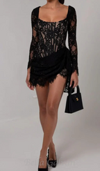 Flowering Girl Women long sleeve lace corset draped mini dress in black