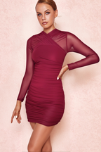 Flowering Girl Women LONG SLEEVE RUCHED MESH DRESS IN WINE