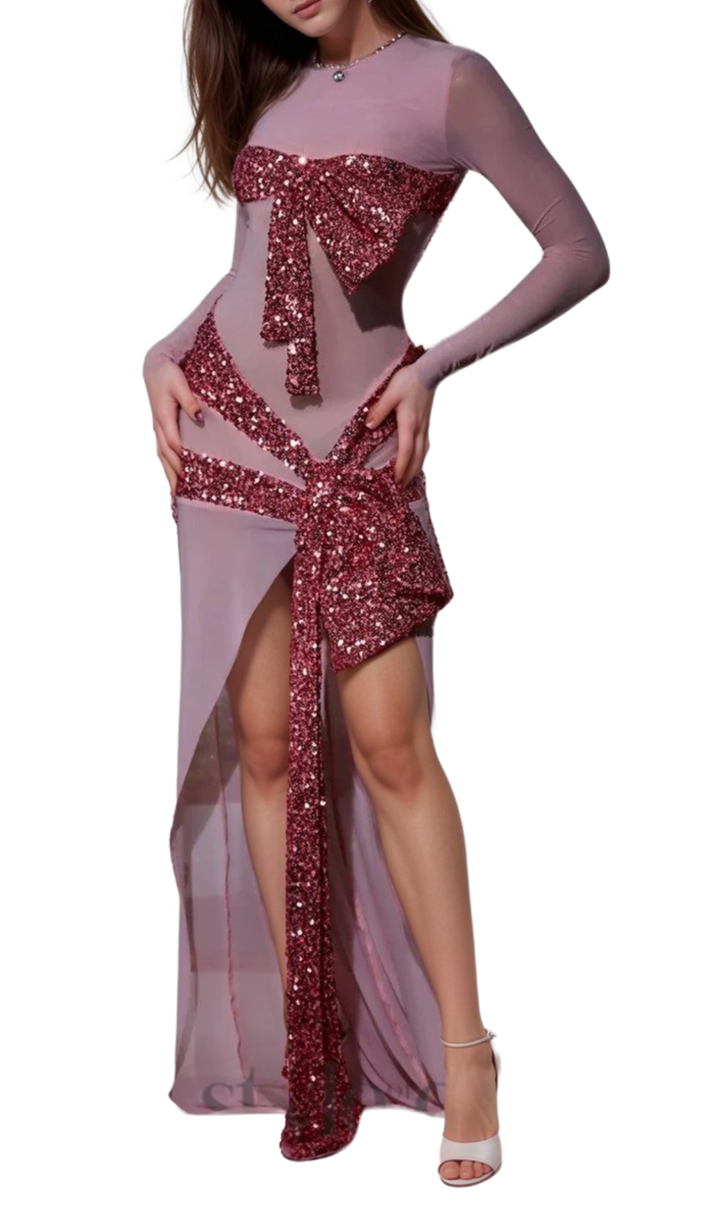 Flowering Girl Women arlene Zachary Long Sleeve Bow Sequin Dress