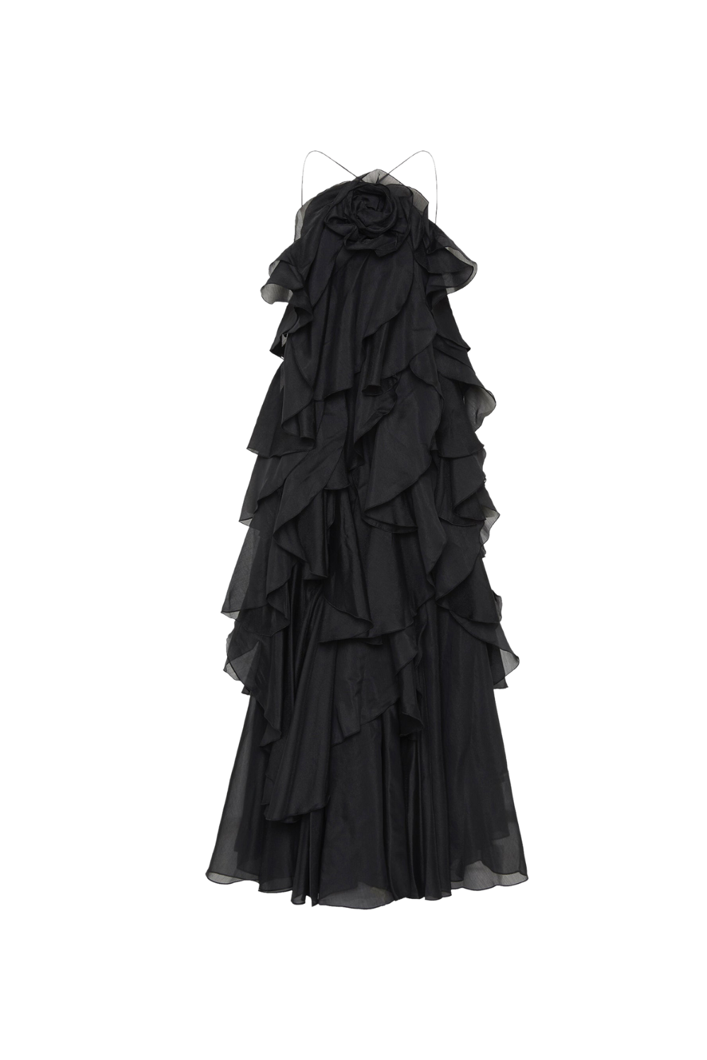 Flowering Girl Women Caysie Halter Floral Ruffle Layered Maxi Dress in Black