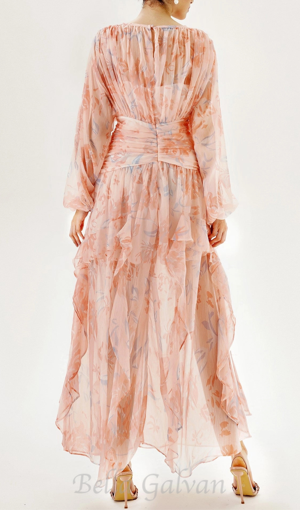 Flowering Girl Women puff long sleeve tiered ruffle hem maxi dress in pink