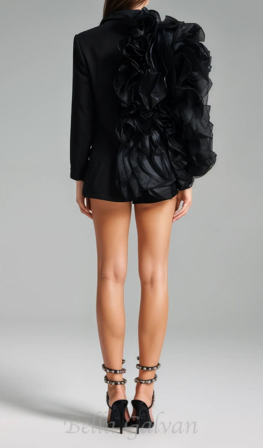 Flowering Girl Women Patchwork Ruffles Chic Blazer in black