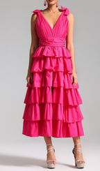 Flowering Girl Women Plunge V Ruffle Tiered Slit Gown In Pink