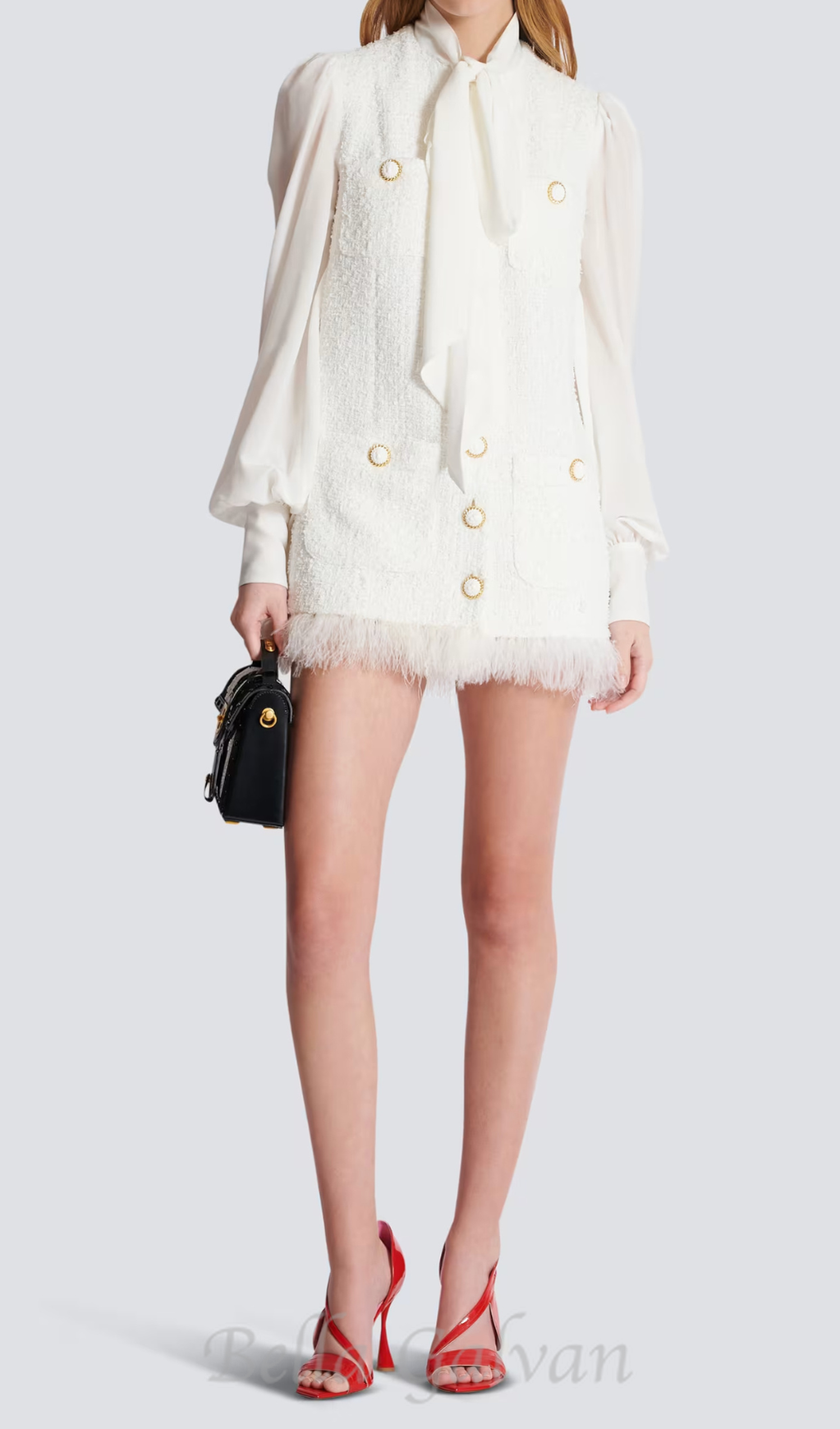 Flowering Girl Women Tweed mini dress with pussy-bow collar in white