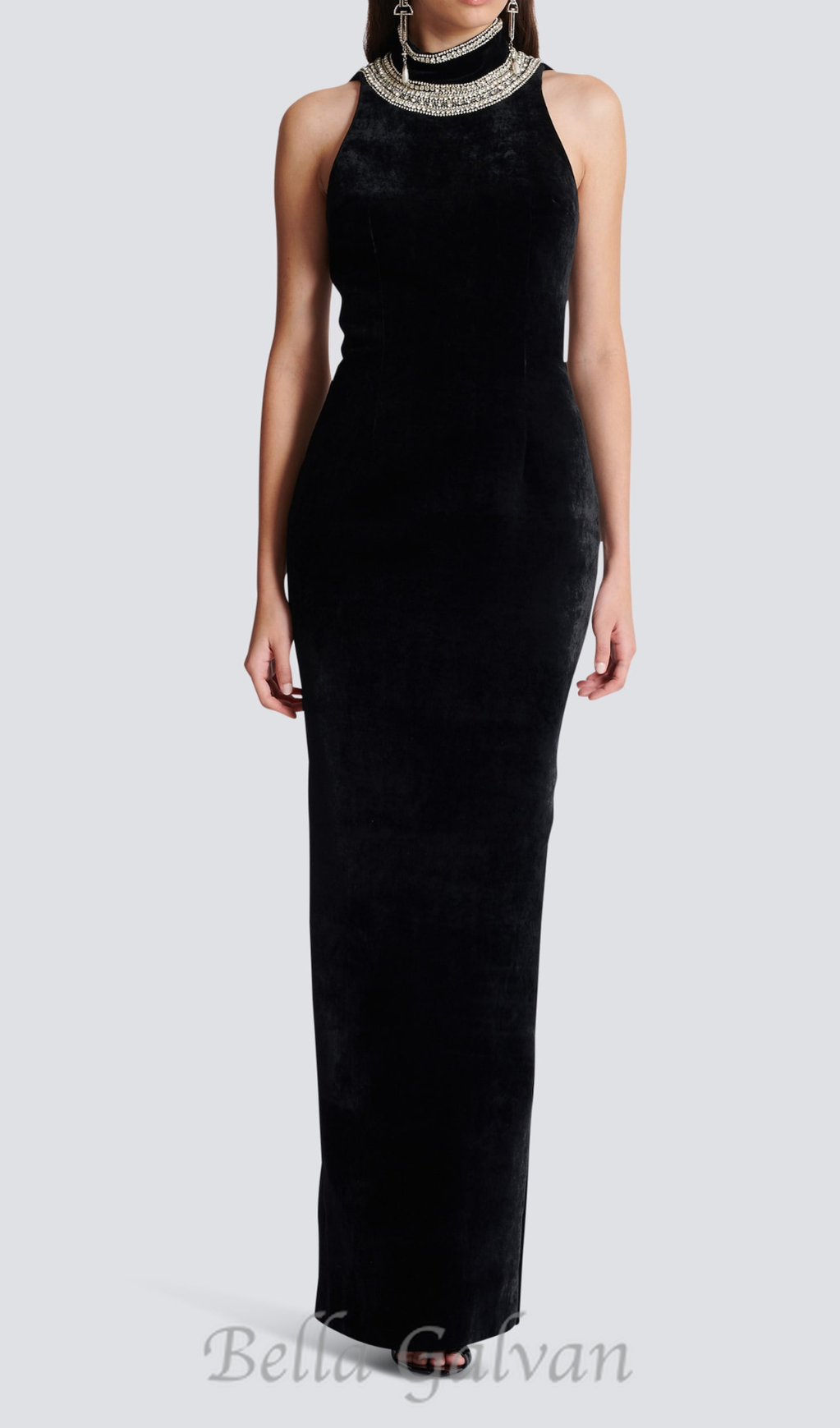 Flowering Girl Women embroidered velvet halterneck maxi dress in black
