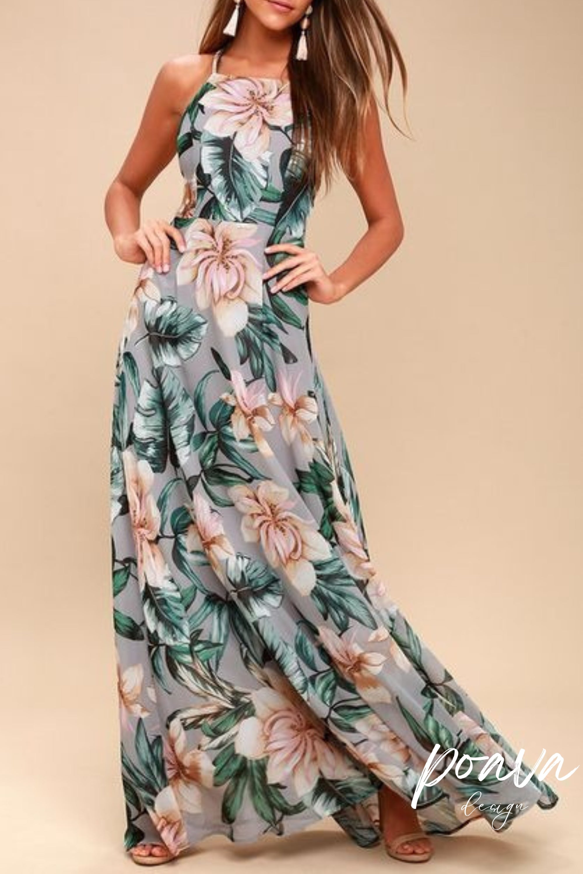 Flowering Girl Women Grey Floral Print Lace-Up Maxi Dress