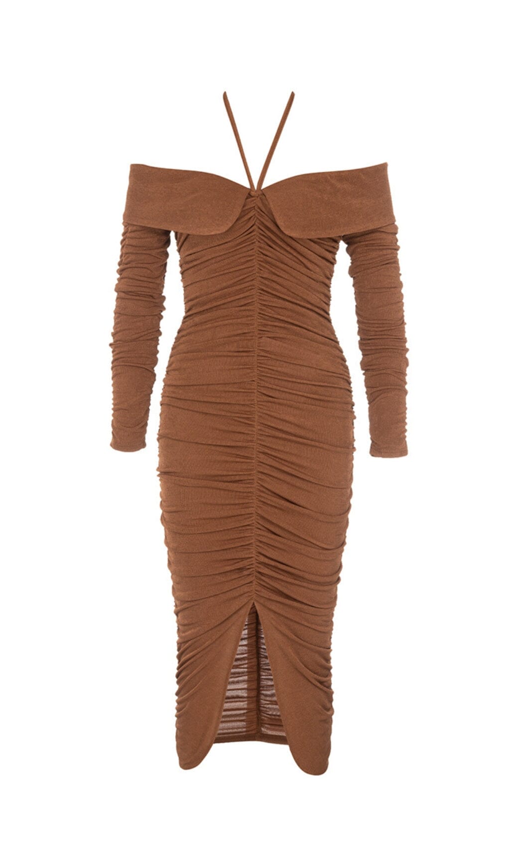 Flowering Girl Women Brown Off-The-Shoulder Pleated Long-Sleeved Midi Dress