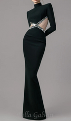 Flowering Girl Women baguette crystals side cutouts embroidered Black crêpe maxi dress