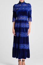 Flowering Girl Women Hollow Patchwork Velvet Dress In Blue