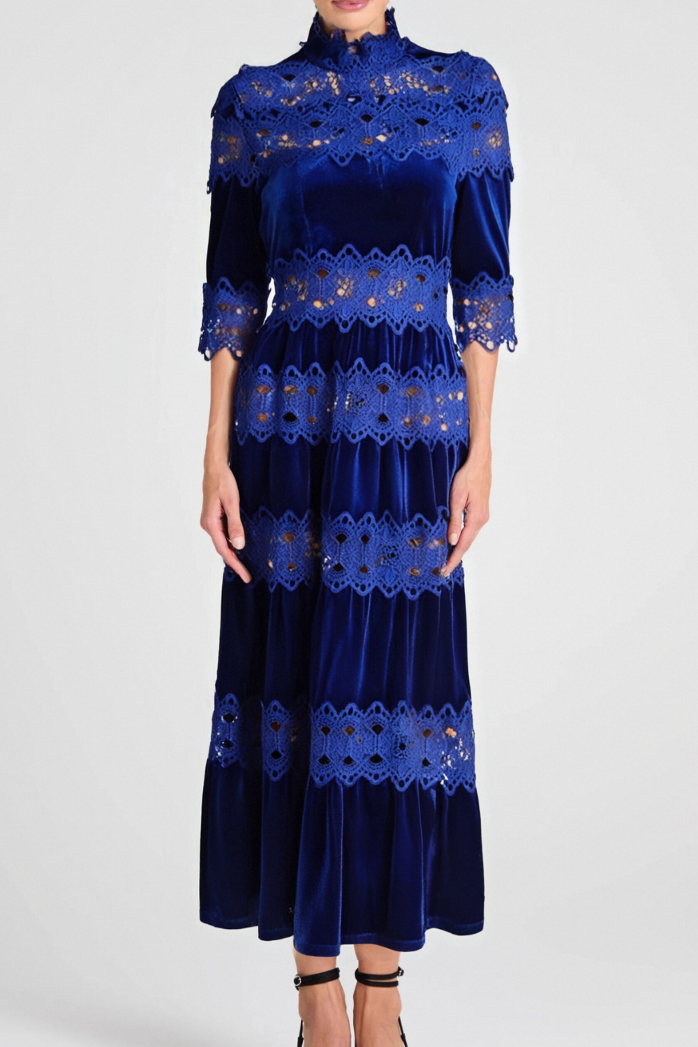 Hollow Patchwork Velvet Dress In Blue