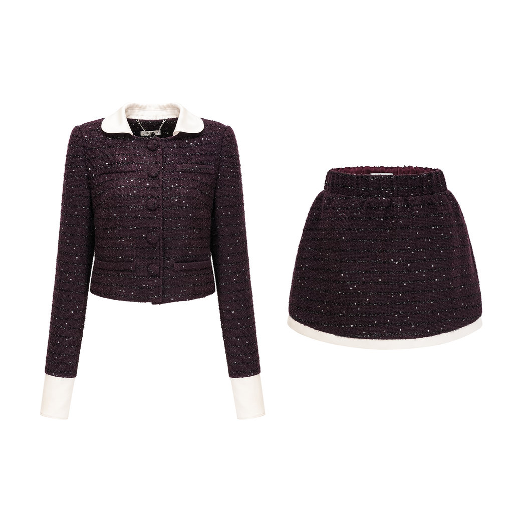 Flowering Girl Women Brigitte Purple Sequined Tweed Jacket & Skirt Matching Set