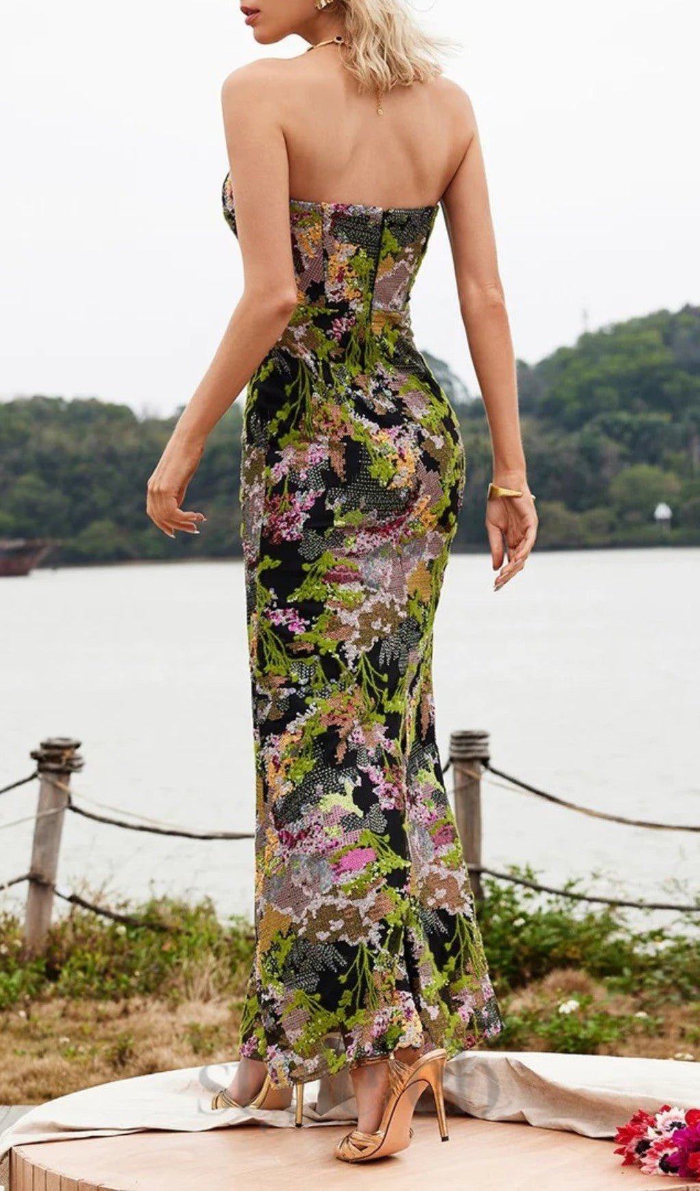 Flowering Girl Women Strapless Floral Sequin Maxi Dress