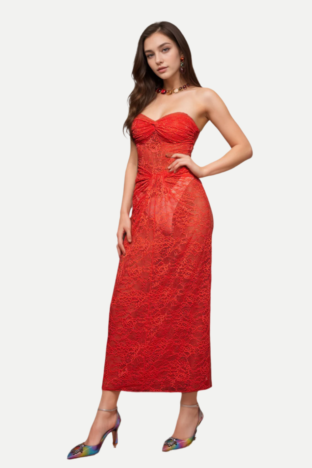 Flowering Girl Women STRAPLESS TWISTED LACE DRESS IN ORANGE
