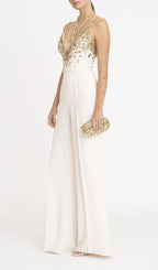 Flowering Girl Women V-Neck Sequin Halter Jumpsuit In White
