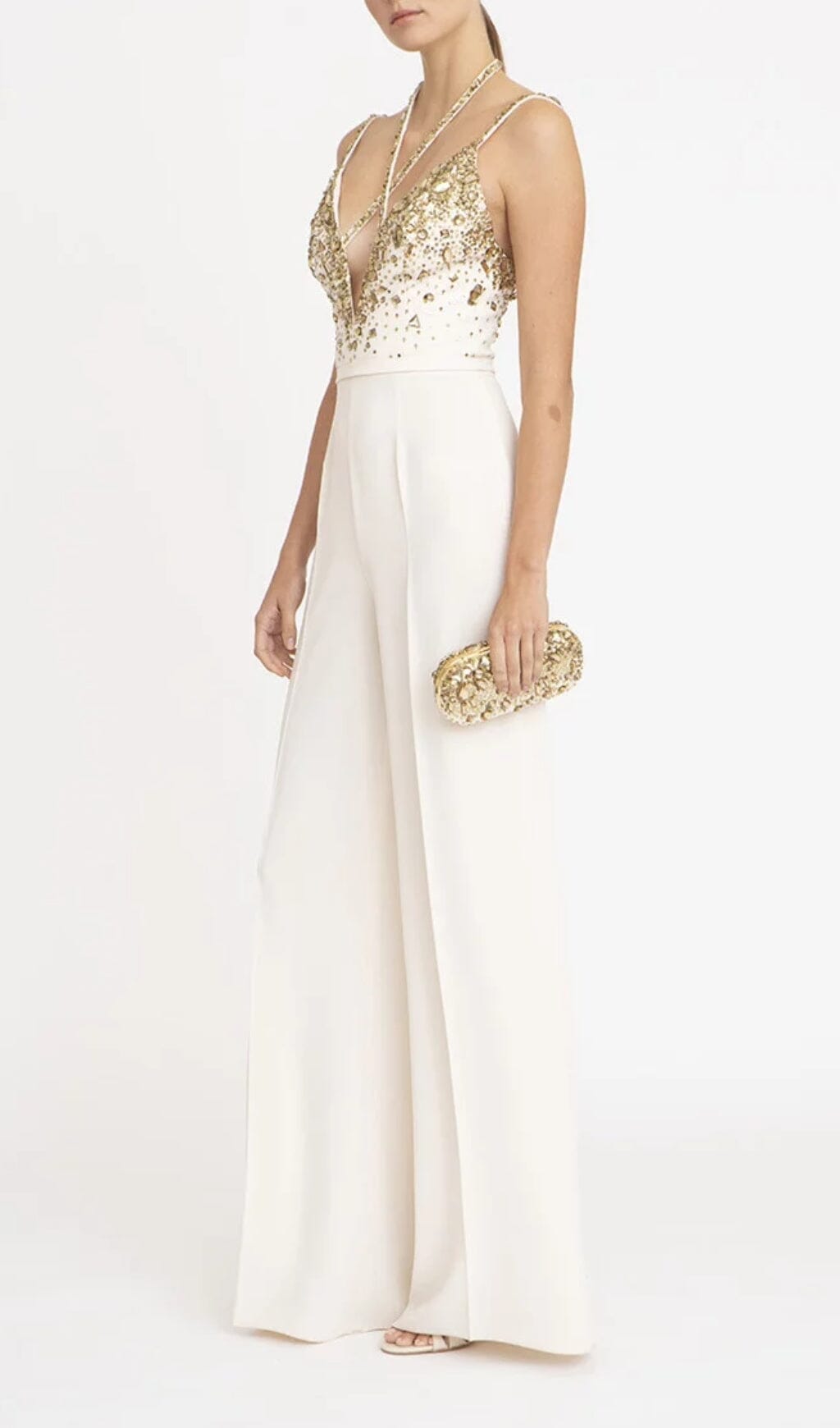 Flowering Girl Women V-Neck Sequin Halter Jumpsuit In White