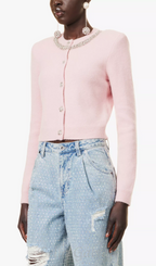 Flowering Girl Women Rhinestone-embellishment padded-shoulders knitted cardigan in pink