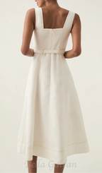 Flowering Girl Women sweetheart neckline belted midi dress in ivory