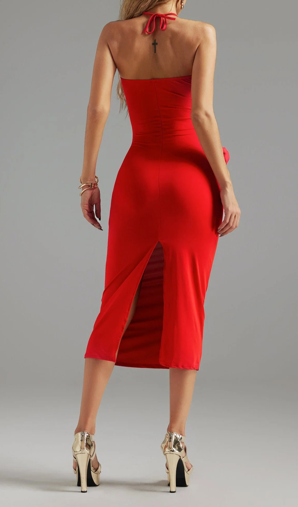 Flowering Girl Women Flower Halter Cut Out Dress in red