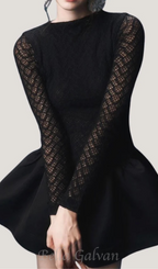 Flowering Girl Women Lace Patchwork Puff Mini Dress in black