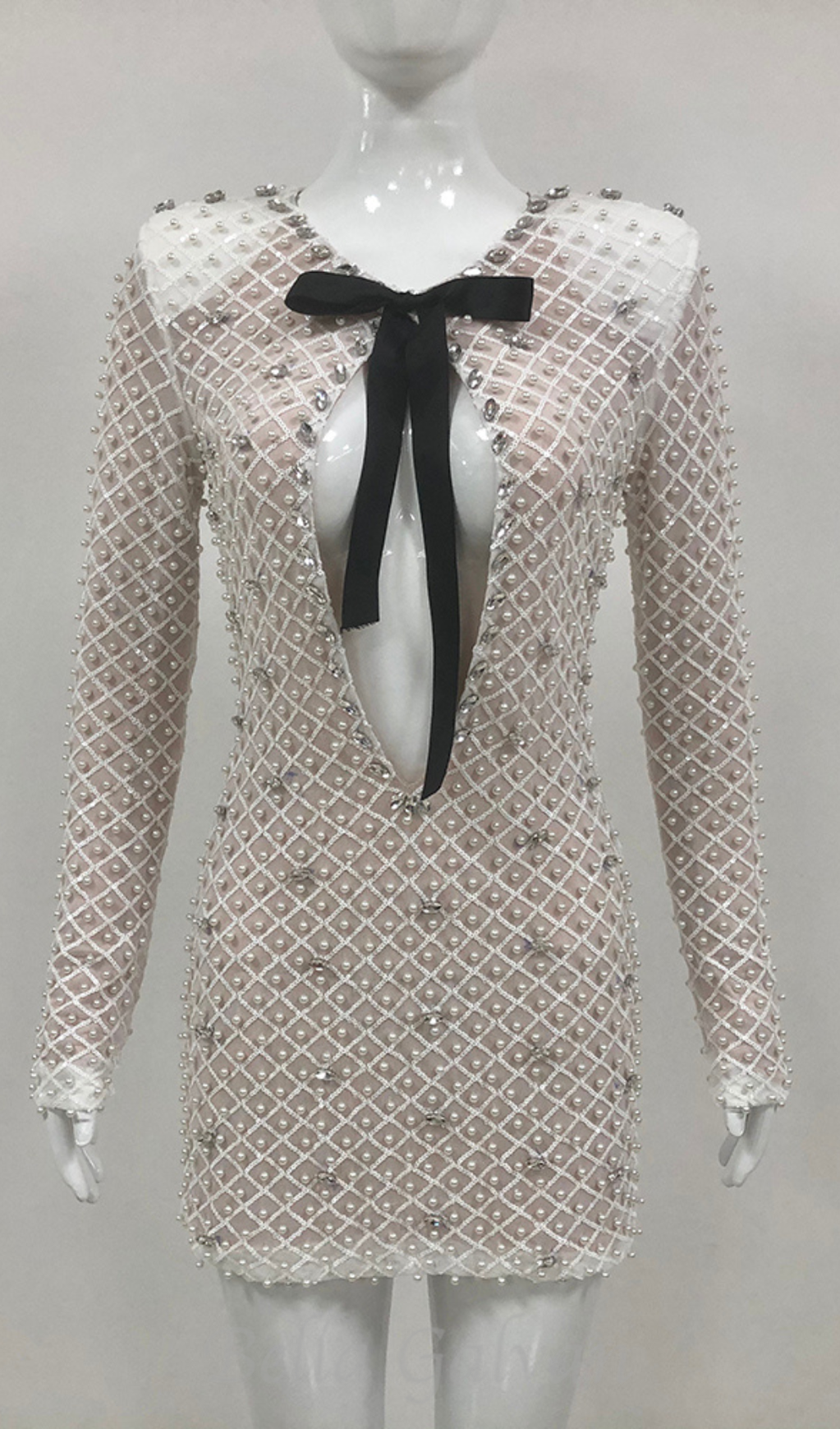 Flowering Girl Women pearl embellished cut out mini dress in beige