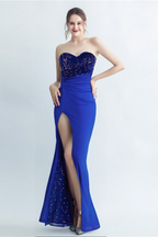 Flowering Girl Women BLUE SEQUIN HIGH SLIT MAXI DRESS