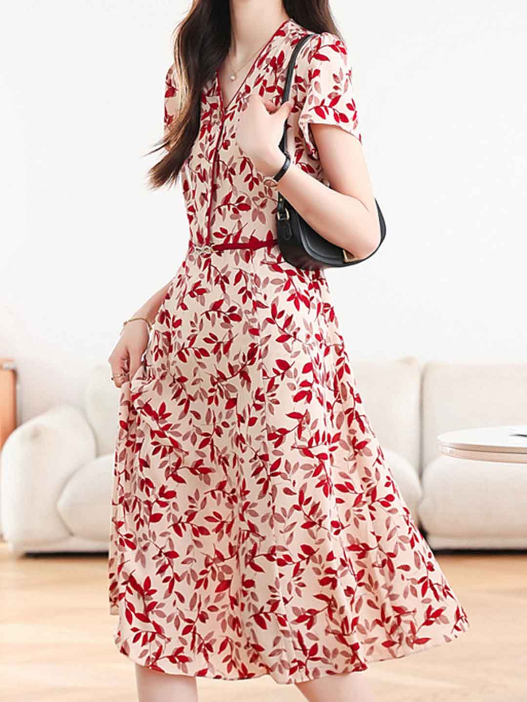 quanna Daily V-Neck Printed Chiffon Dress