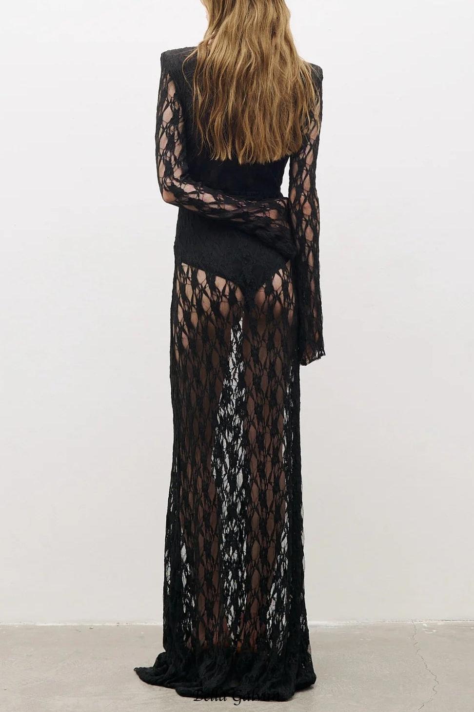 gwendolyn v neck hollow long sleeve lace maxi dress  in black