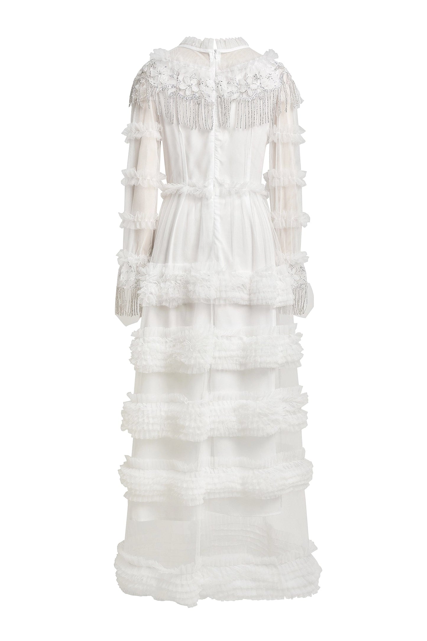 kimberley white Beaded Frill Round Neck Midi Dress