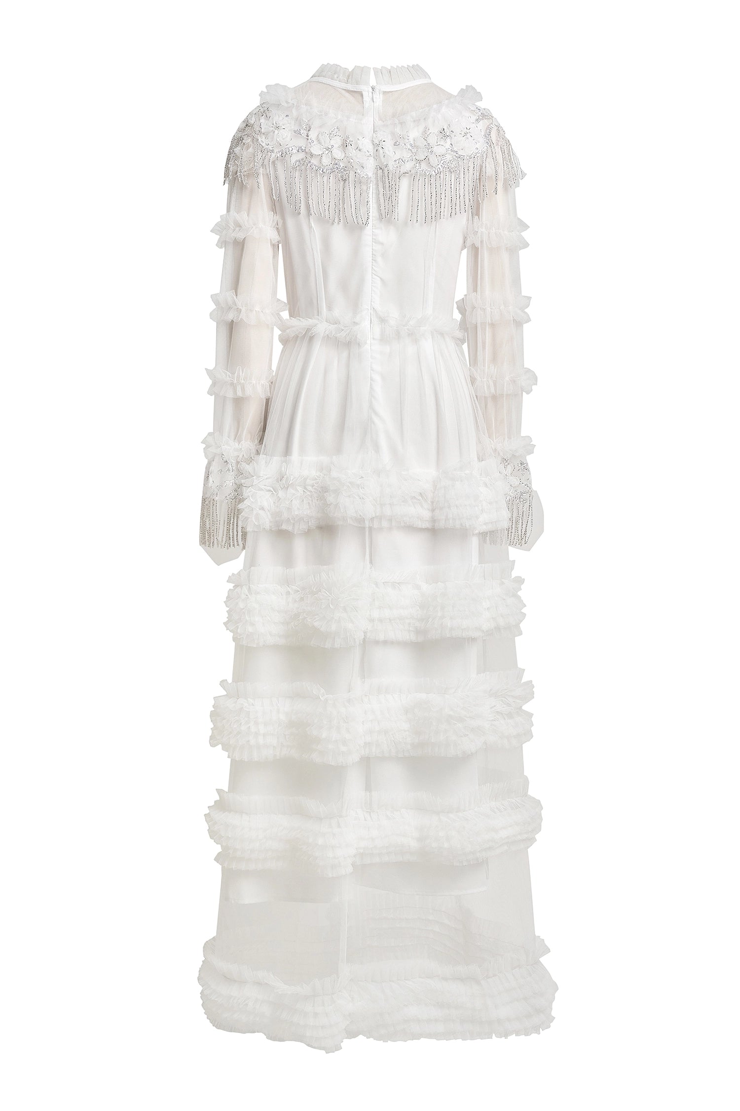 kimberley white Beaded Frill Round Neck Midi Dress