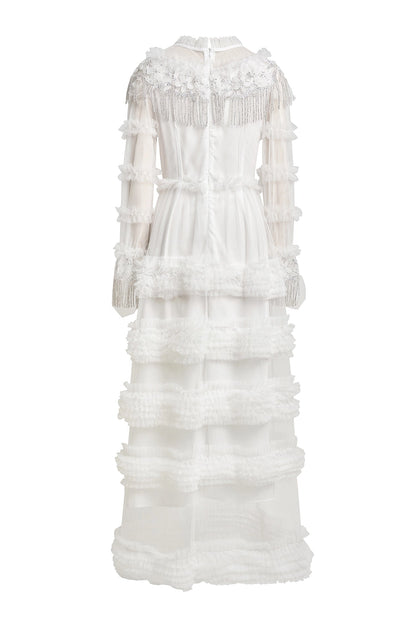 kimberley white Beaded Frill Round Neck Midi Dress
