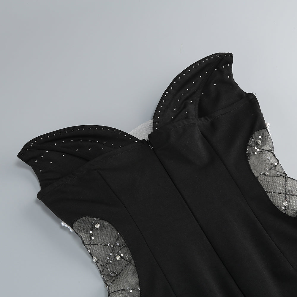 Flowering Girl Women Symmetrical tulle pearl embellished mini dress in black