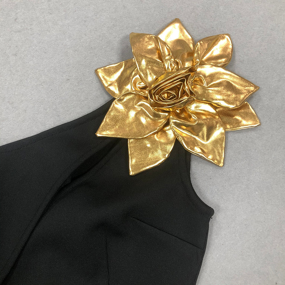Flowering Girl Women Eunice Gold 3D Flower Cut Out Black Maxi Dress