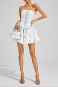 Flowering Girl Women Martha Ruffle Printed Strapless Mini Dress In Blue