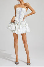 Flowering Girl Women Martha Ruffle Printed Strapless Mini Dress In Blue