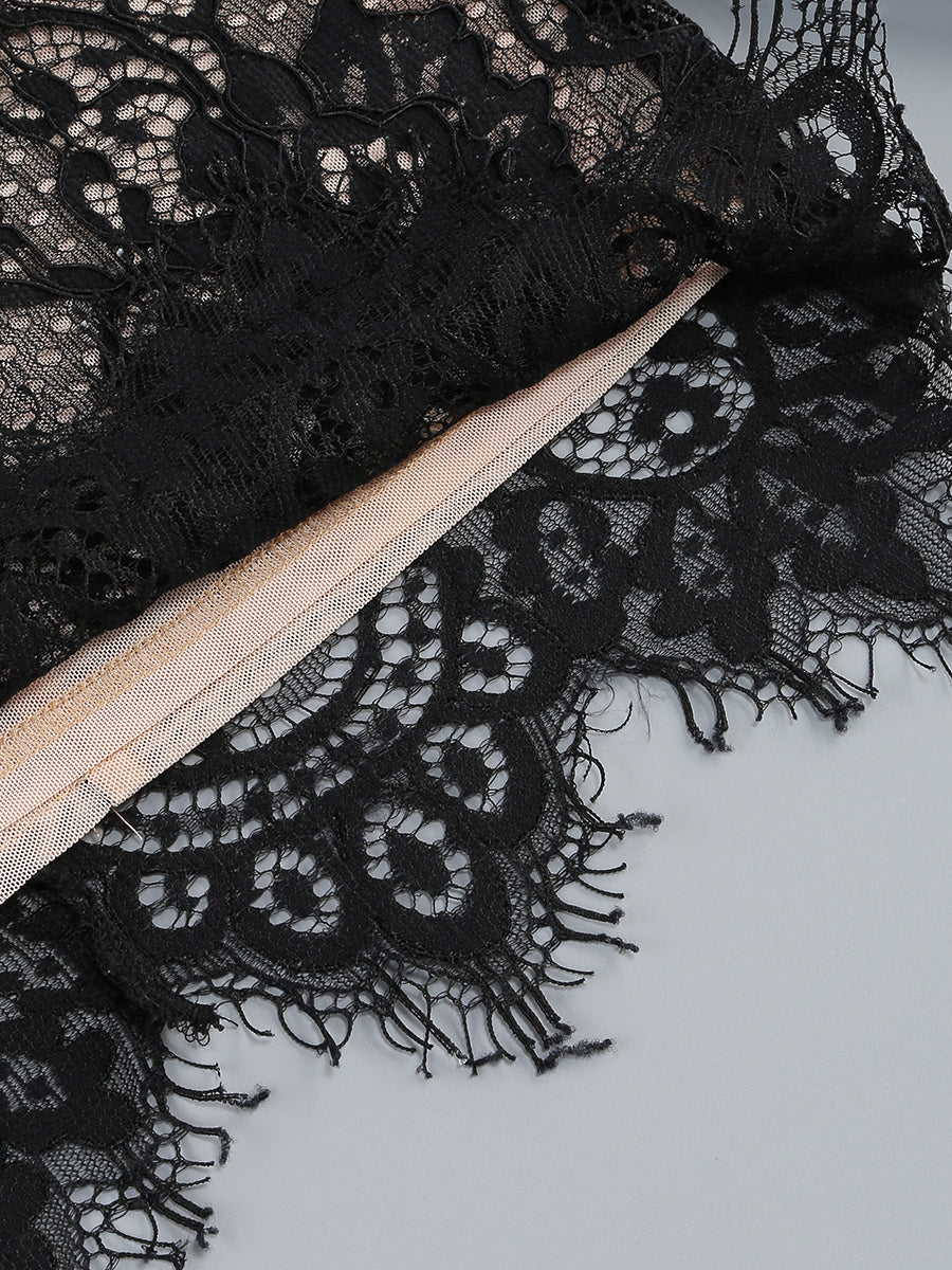 Flowering Girl Women long sleeve lace corset draped mini dress in black