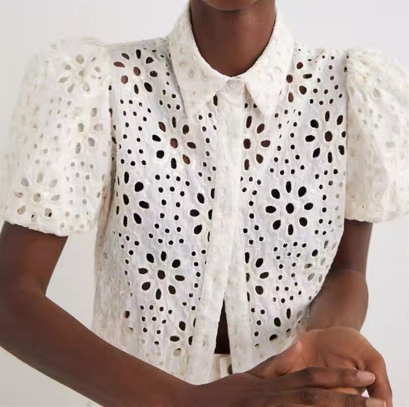 White Eyelet Embroidered Puff Sleeve Open Shirt