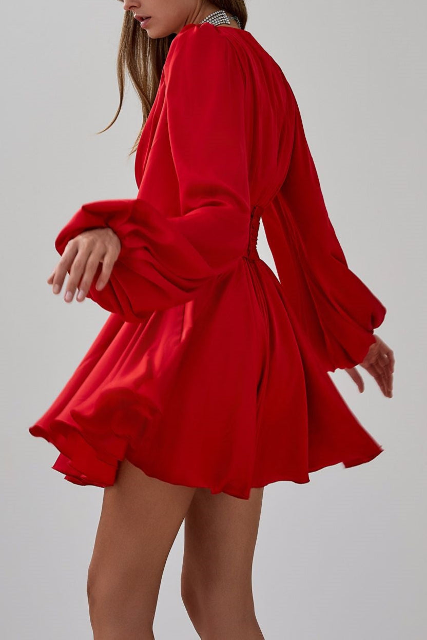 Flowering Girl Women Janice V-Neck Puff Sleeve Mini Dress