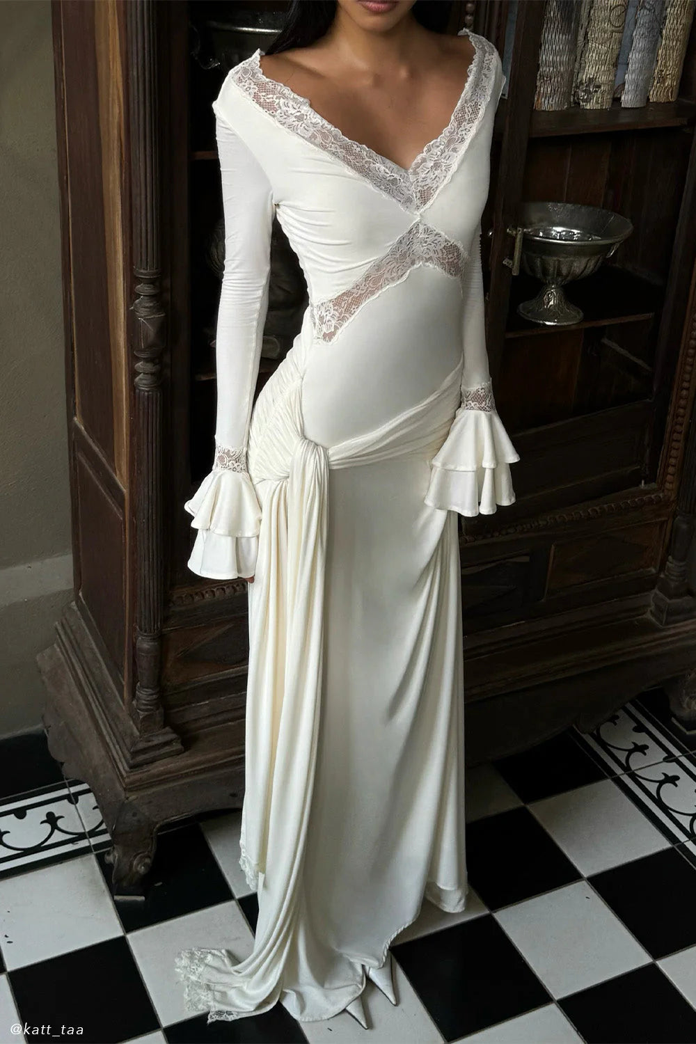 Flowering Girl Women Pamela V-Neck Lace See-Through Maxi Dress In White