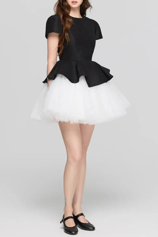 Flowering Girl Women Two-Tone Velvet Ruffle Hem Puffy Mini Dress