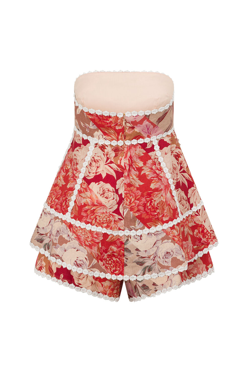 Flowering Girl Women Linen lace-trim print strapless top shorts set - red