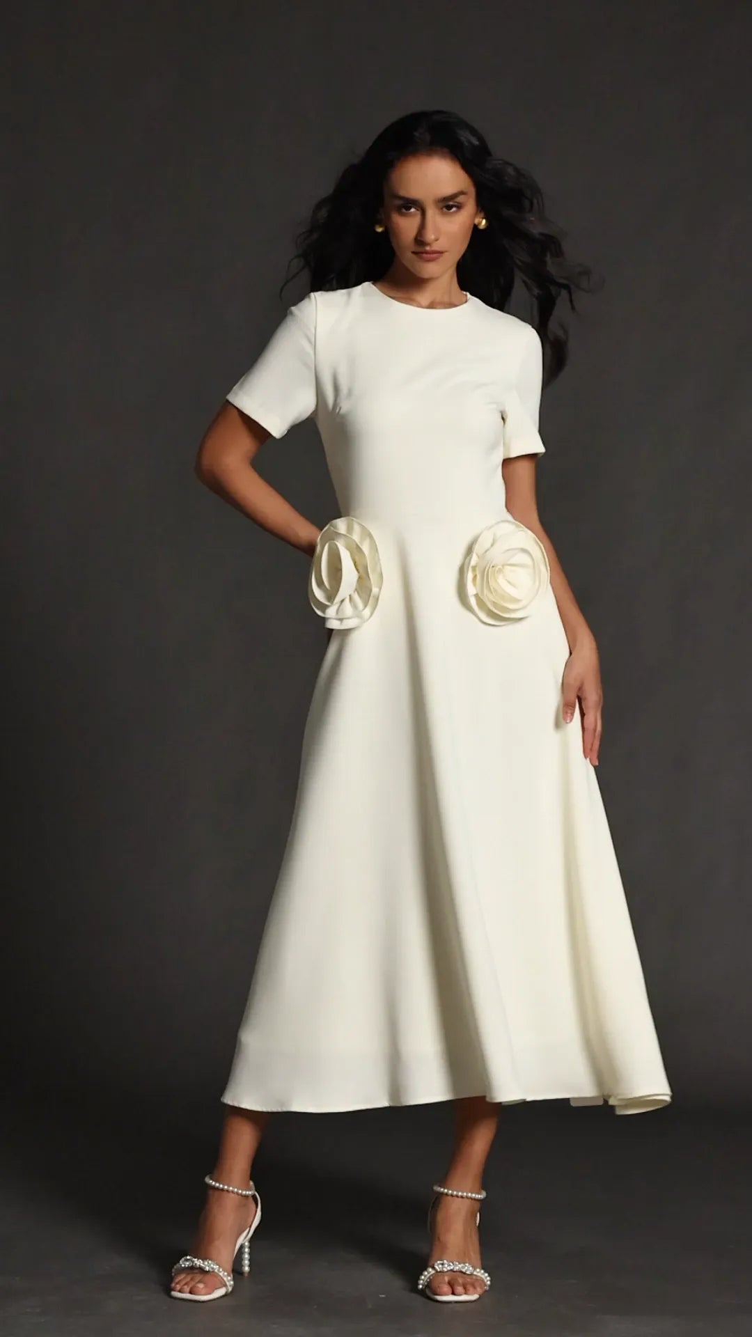 Flowering Girl Women Vinly Round Neck Short Sleeves Flowers Maxi Dress