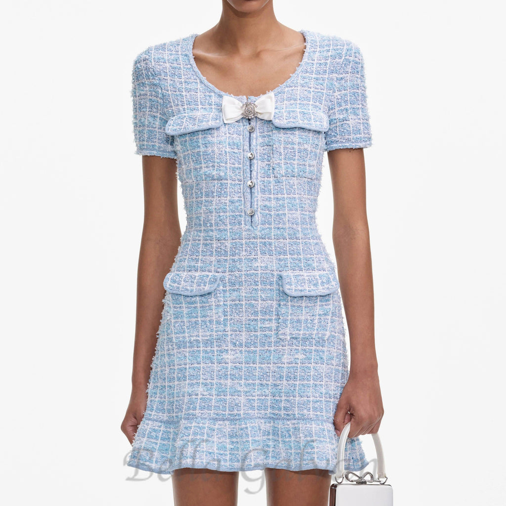 Flowering Girl Women check knit mini dress in blue