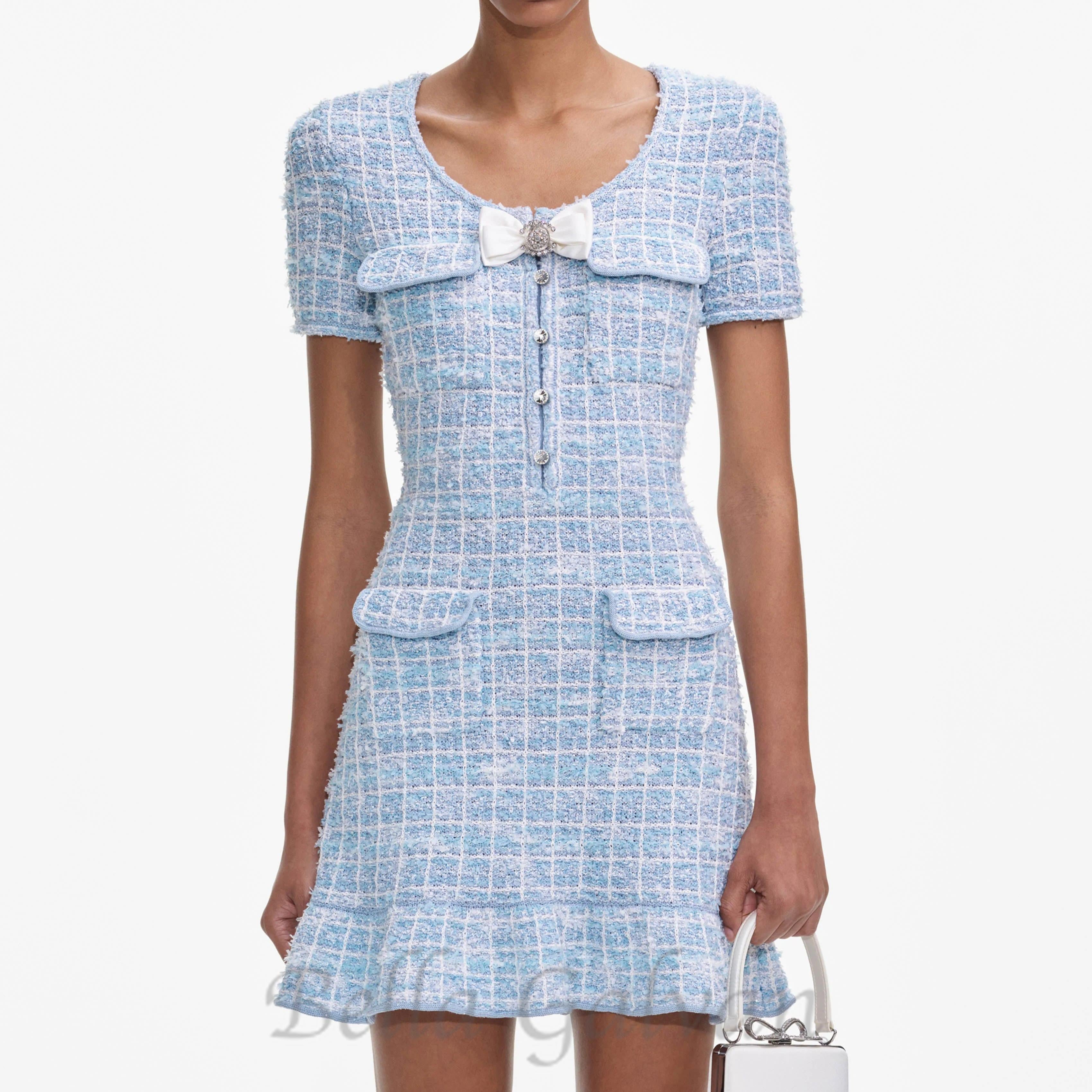 Flowering Girl Women check knit mini dress in blue