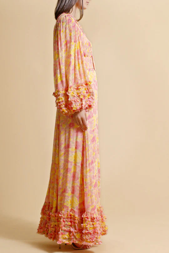 Flowering Girl Women chiffon ruffled wrap maxi dress in orange
